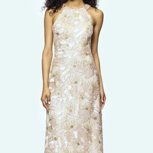 Betsy & Adam Champagne Sequined Soutache Halter Gown